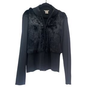 Escapade Black Rabbit Fur Front / Knit Back Cardigan Sweater Sz Lg